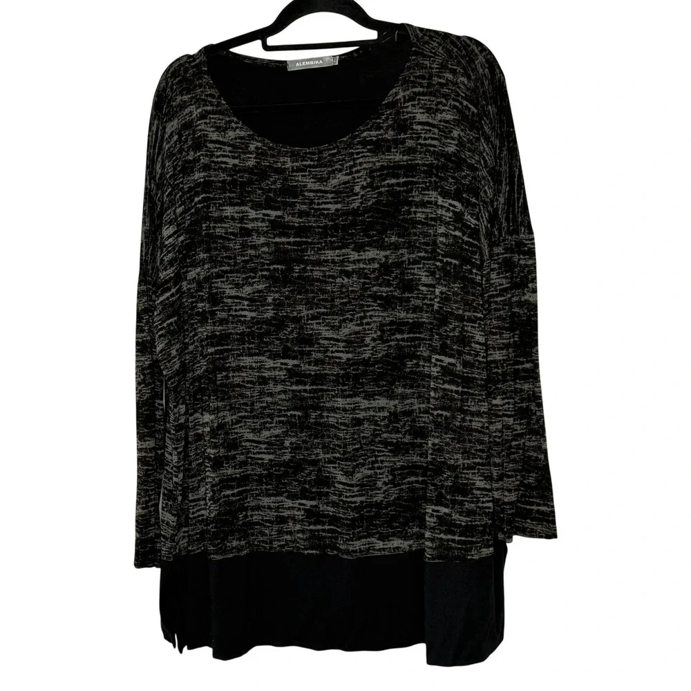 Alembika Black Grey Long Sleeve‎ Tunic Top Size Large Oversized Lagenlook
